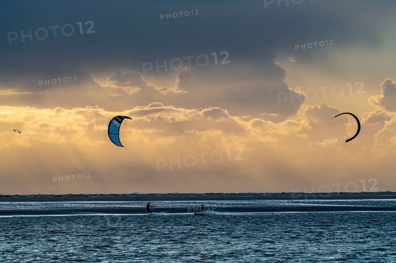 Kitesurfer, North Sea, weather, storm, sunset, North Sea island Borkum, East Frisia, Lower Saxony, Germany, Europe