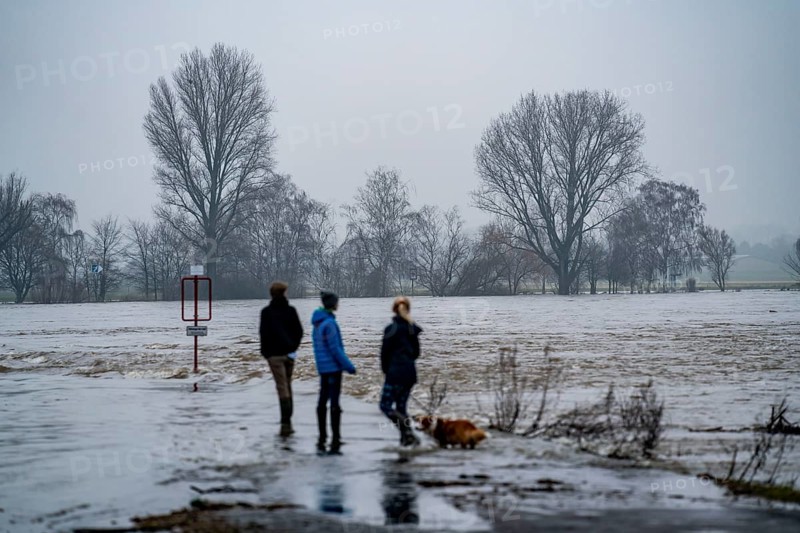 High water on the Rhine at Düsseldorf-Kaiserswerth, foggy weather, riverside paths and Rhine meadows are partly flooded, the Rhine ferry has stopped operating, initial restrictions on shipping apply, Düsseldorf, North Rhine-Westphalia, Germany, Europe