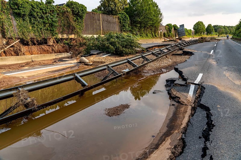 Flood on the Erft, here the federal road B265 destroyed by the water, Erftstadt, North Rhine-Westphalia, Germany, Europe