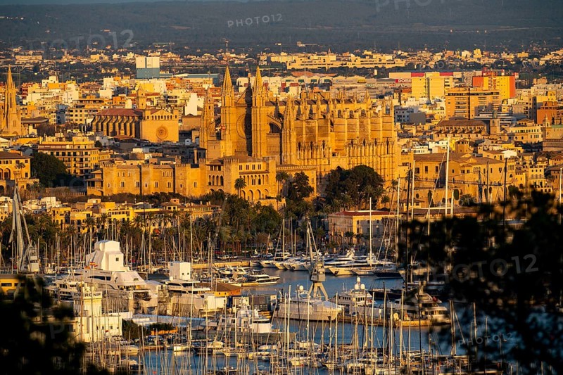 Panorama of Palma de Majorca, Bay of Palma, with the marina and the Cathedral of St Mary, Balearic Islands, Spain, Europe