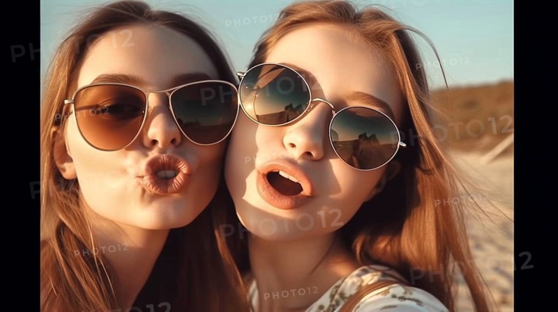 Two young girlfriends posing wearing sunglasses having fun on the beach, generatvie AI, AI generated