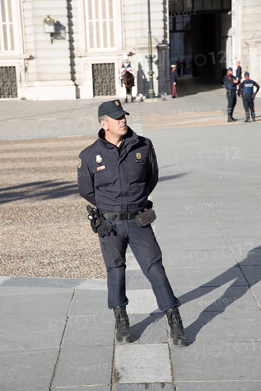 Police and soldiers in front of Palacio Real royal palace, Madrid, Spain, Europe
