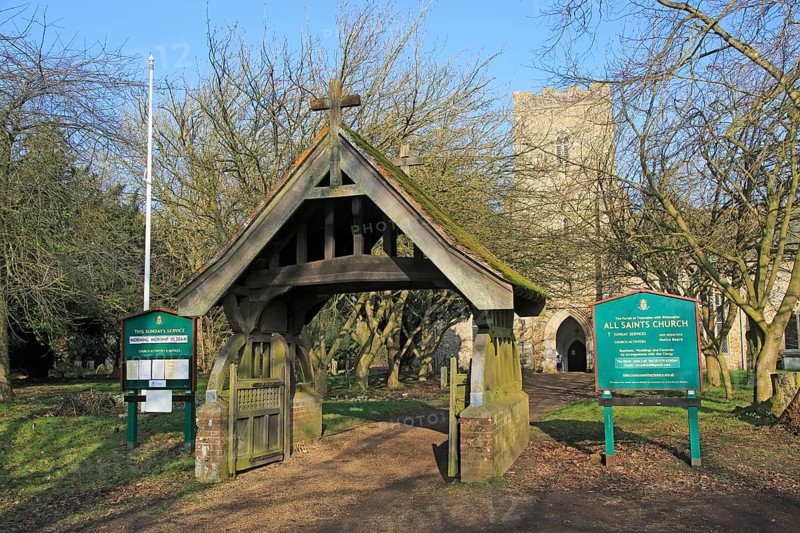 Lychgate entrance All Saints village church, Thorndon, Suffolk, England, UK