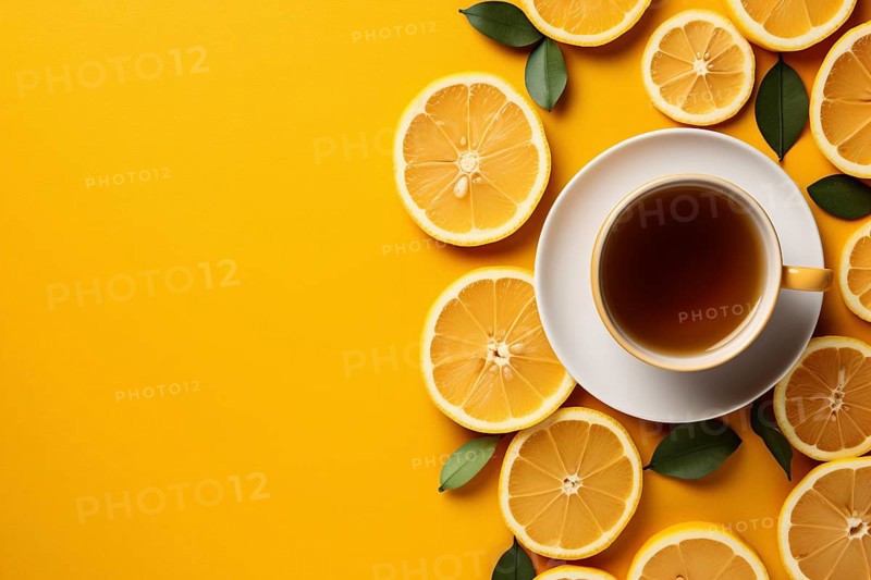 Too view of cup of tea surrounded by lemon fruit slices on yellow background with copy space. KI generiert, generiert AI generated