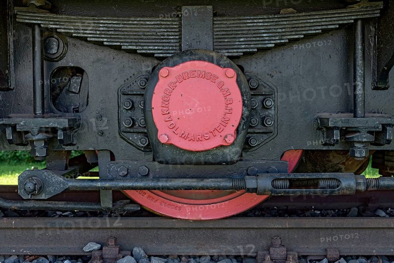 Wheel on rail with brake from Knorr-Bremse, vintage electric locomotive no. 3 from Krupp AEG, electric locomotive in mining, built in 1957, open-air museum at Weckesheim railway station, Reichelsheim, Wetterau, Hesse, Germany, Europe