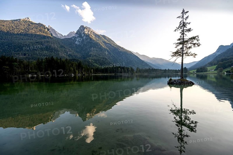 Hochkalter reflected in Hintersee, at sunset, Berchtesgaden National Park, Ramsau, Upper Bavaria, Bavaria, Germany, Europe