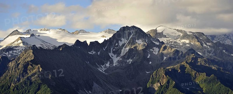 View over mountains along the mountain pass Passo di Gavia in the Italian Alps, Lombardy, Italy, Europe