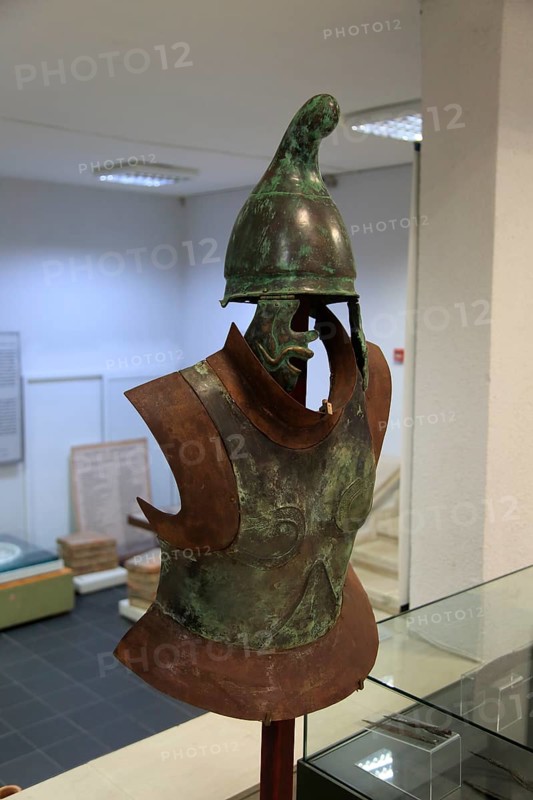 Helmet and armour of a Thracian soldier on display in Kazanlak museum, Bulgaria, eastern Europe, Europe