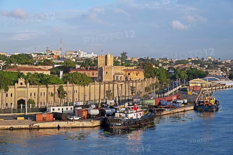 View over capital Santo Domingo, showing the Ozama Fortress and city walls along the Ozama River, Dominican Republic, Hispaniola, Greater Antilles, Central America
