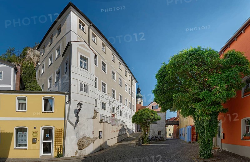 Building and cobbled path of Vils Gasse with lush tree providing shade, Kallmünz, Upper Palatinate, Bavaria, Germany, Europe