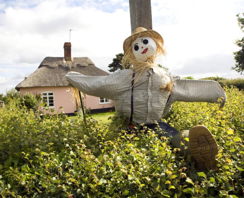 Scarecrow to advertise village garden open day event, Sutton, Suffolk, England, UK
