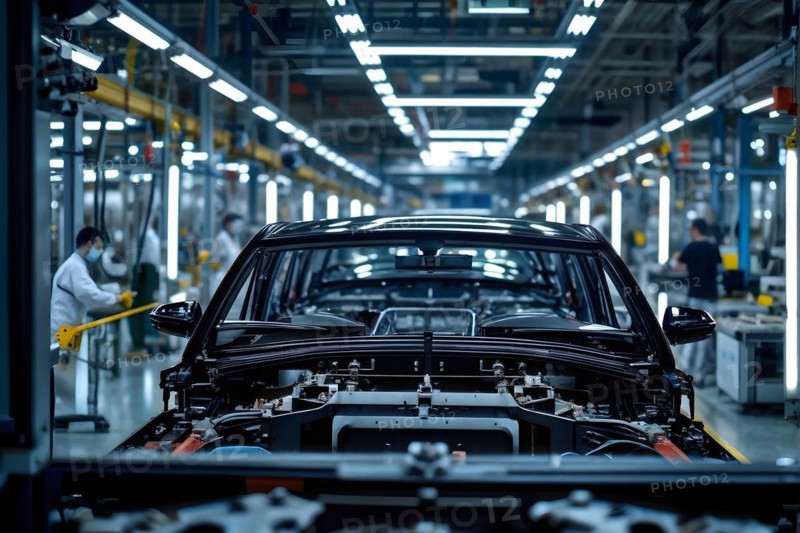AI generated automotive assembly line in car manufacturing progression with automated machines