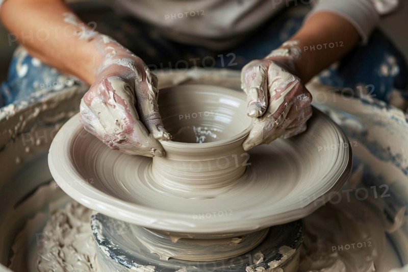 Close up of hands forming white raw clay into pottery. KI generiert, generiert, AI generated