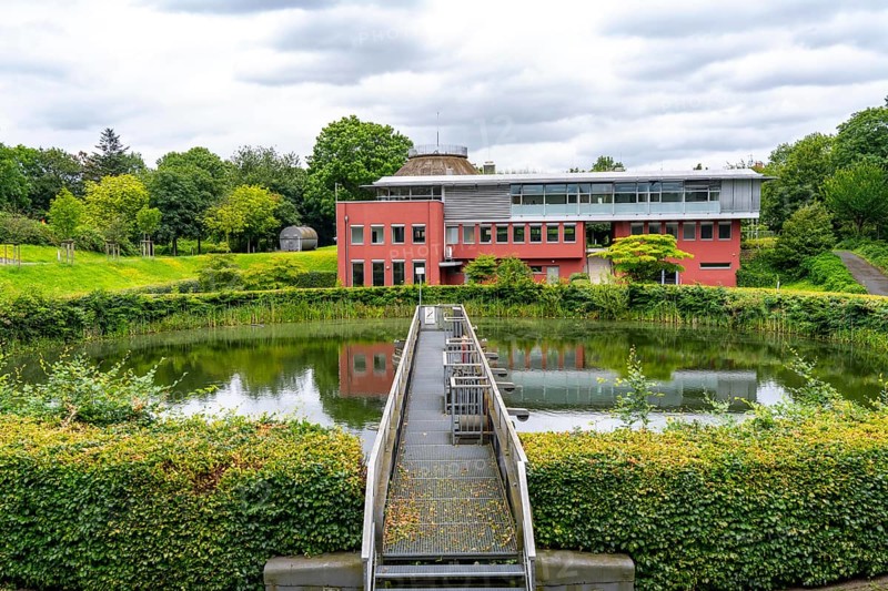 Emscher sewage treatment park, former Läppkes Mühlenbach sewage treatment plant, now a park and information centre for Emscher renaturation, North Rhine-Westphalia, Germany, Europe