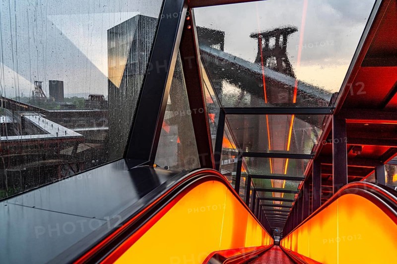 Zeche Zollverein, rainy day, view of the double headframe of shaft XII, through rain-soaked windows, view to the left of shaft 1/2/8, Essen, North Rhine-Westphalia, Germany, Europe