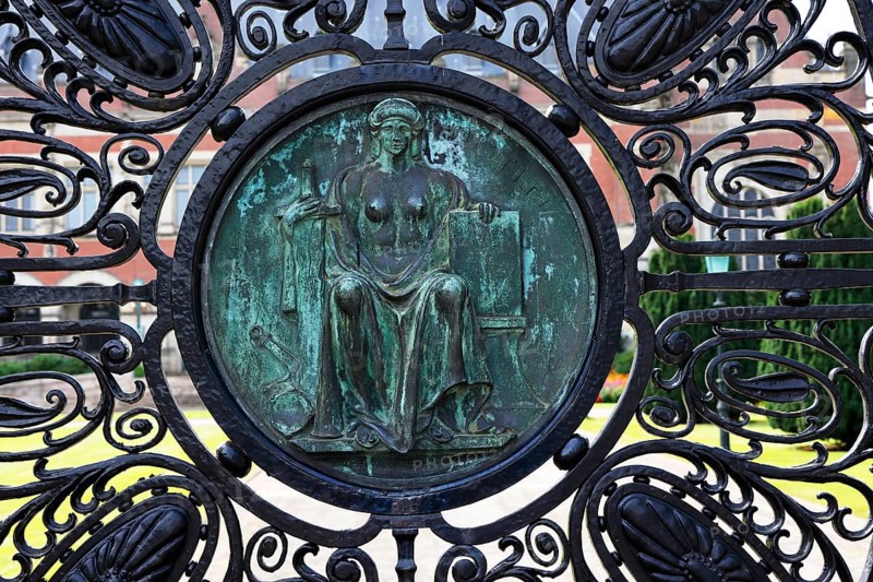 Representation of Justice at the Tor tor of the Peace Palace, seat of the International Court of Justice of the United Nations, The Hague, Holland, Netherlands