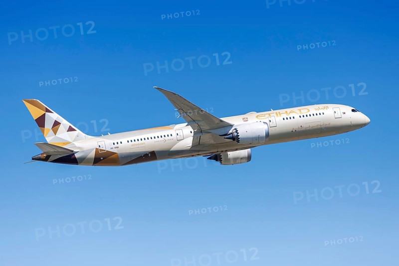 An Etihad Boeing 787-9 Dreamliner aircraft with the registration A6-BNB at Frankfurt Airport, Germany, Europe