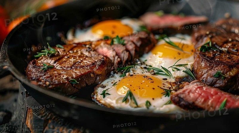 Cast iron pan with thick steak and eggs cooking. generative AI, AI generated