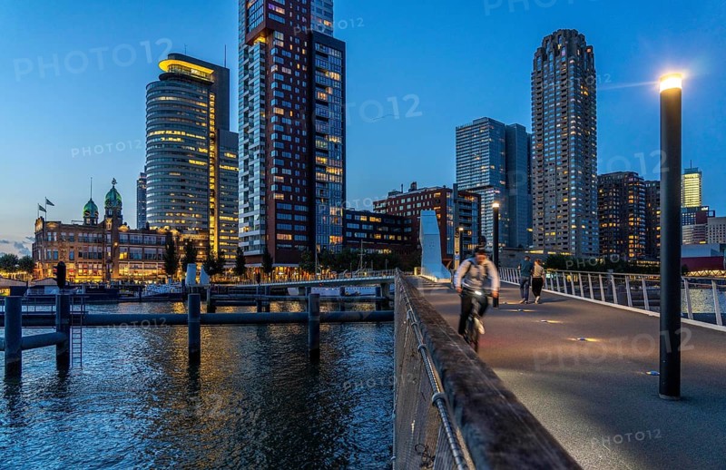 High-rise buildings at Kop van Zuid, at the Rijnhaven harbour basin, Rijnhavenbrug, bridge, Hotel New York, Rotterdam, Netherlands