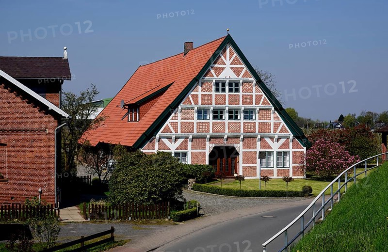 Europe, Germany, Lower Saxony, Altes Land near Hamburg, Steinkirchen an der Lühe, old half-timbered farmhouse, artistic brickwork of the half-timbering, Hamburg, Hamburg, Federal Republic of Germany, Europe