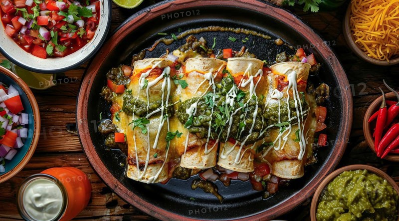 Plate of enchiladas with a side of salsa and guacamole. Wooden table with bowls of various sauces, AI generated