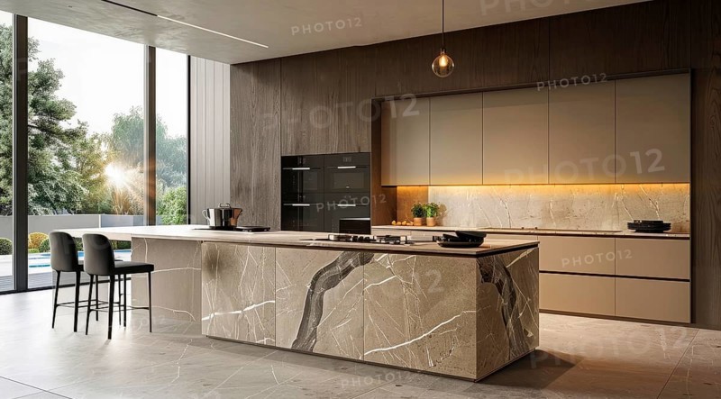 Modern kitchen with a stainless steel refrigerator and oven. Home renovation and upgrades, AI generated