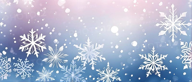 Abstract pattern of snowflakes in varying sizes and shapes in soft white and blue gradients, AI generated