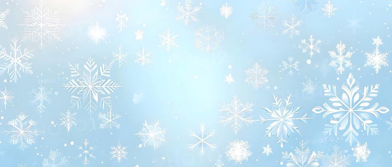 Abstract pattern of snowflakes in varying sizes and shapes in soft white and blue gradients, AI generated