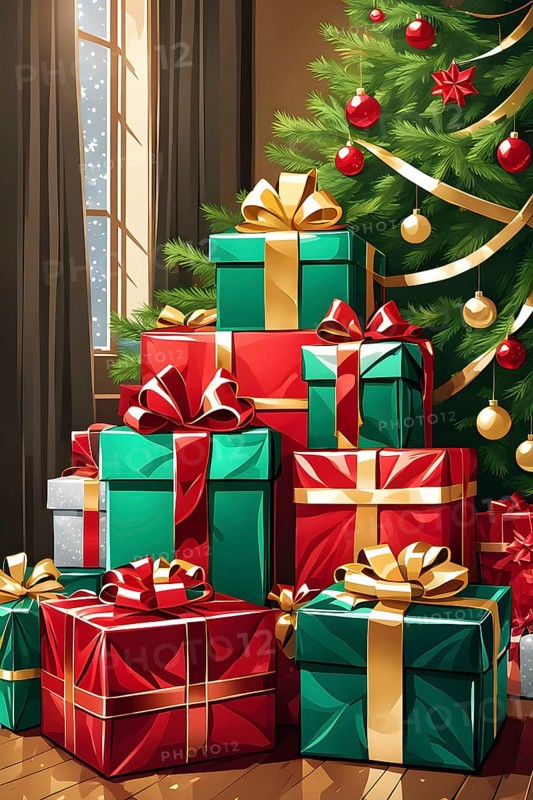 Abstract illustration of wrapped Christmas gifts, shiny ribbons and bows, stacked under a evergreen tree in a cozy living room, AI generated
