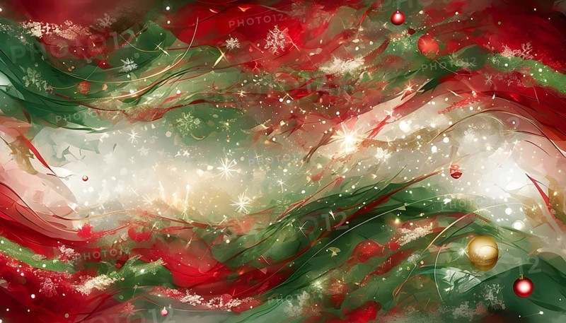 Abstract wallpaper illustration of Christmas symbols for gift cards, swirling shapes and lines, in red green and golden colors, AI generated
