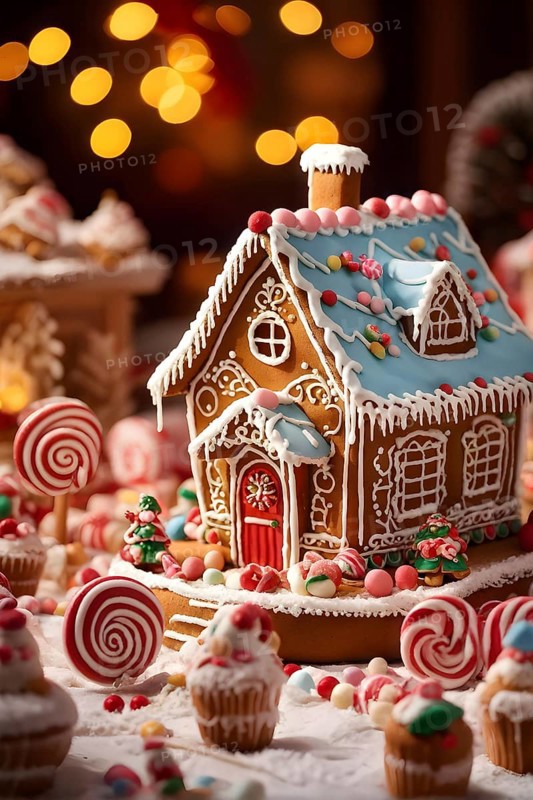 Gingerbread house decorations, focusing on the intricate icing details, colorful candy, and soft, warm light creating a cozy festive ambiance, AI generated
