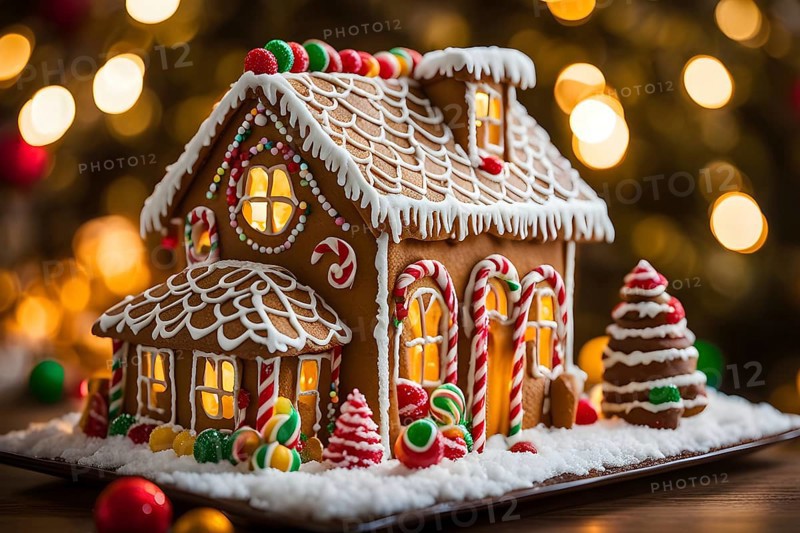 Gingerbread house decorations, focusing on the intricate icing details, colorful candy, and soft, warm light creating a cozy festive ambiance, AI generated