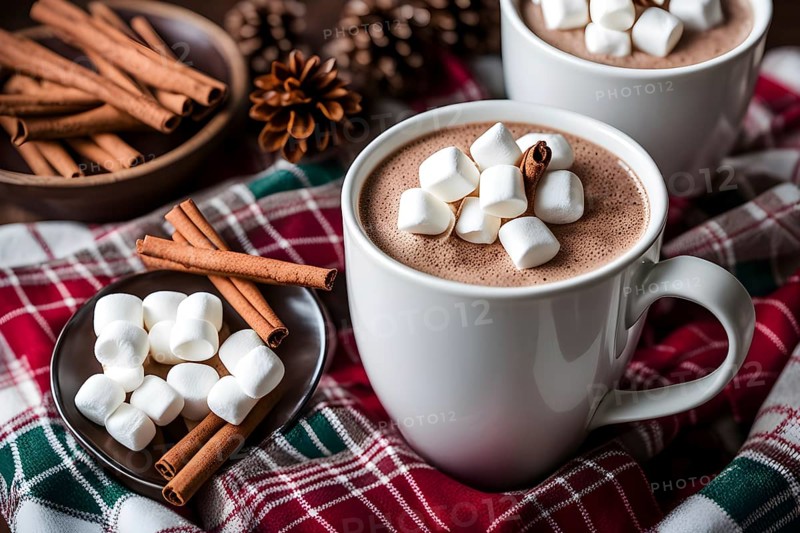 A close-up of a steaming cup of hot cocoa topped with marshmallows, surrounded by cinnamon sticks, candy canes, and a plaid blanket, evoking a warm, festive feel, AI generated