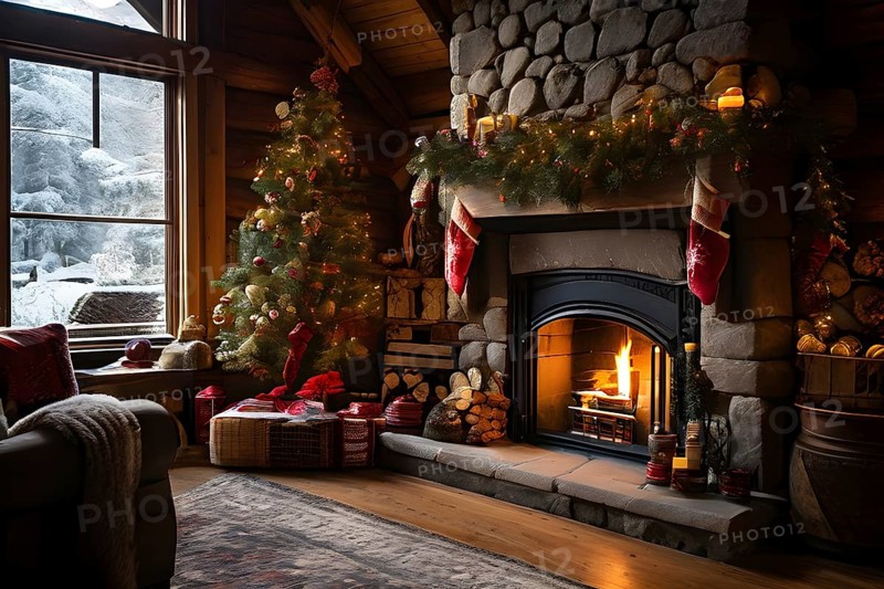 Traditional stone fireplace decorated for Christmas, with garlands, stockings, and candles, set in a cozy, snow-draped winter cabin, AI generated
