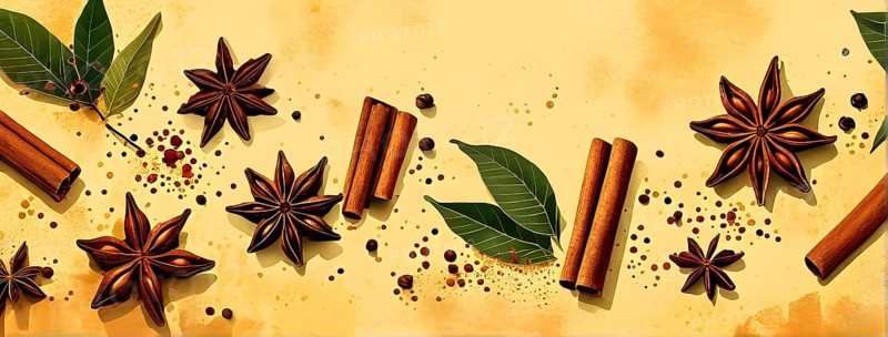 Abstract wallpaper illustration of Christmas spices like cinnamon sticks, star anise, and cloves, AI generated