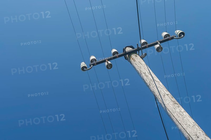 Wooden electricity pylon, electricity pylon with ceramic insulators, Münsterland, North Rhine-Westphalia, Germany, Europe