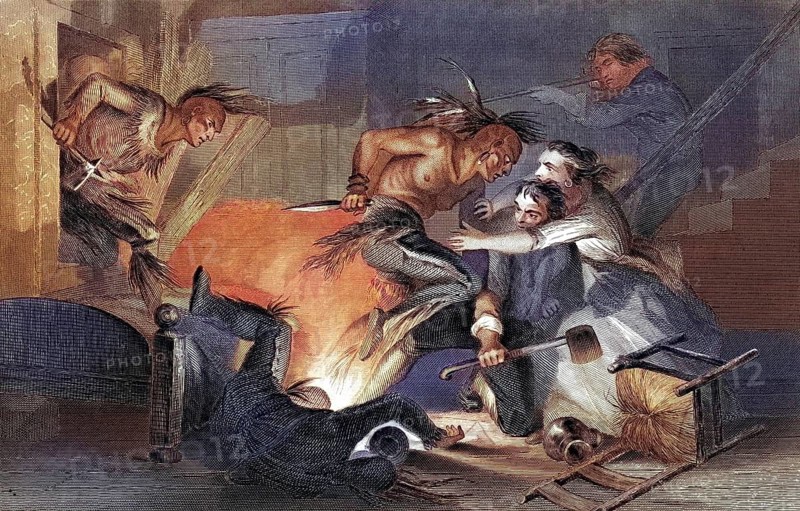 Indian massacre in the Wilkesbarre Valley in Wyoming USA, After a 19th century print by J Roger, Historical, digitally restored reproduction from a 19th century original, Record date not stated