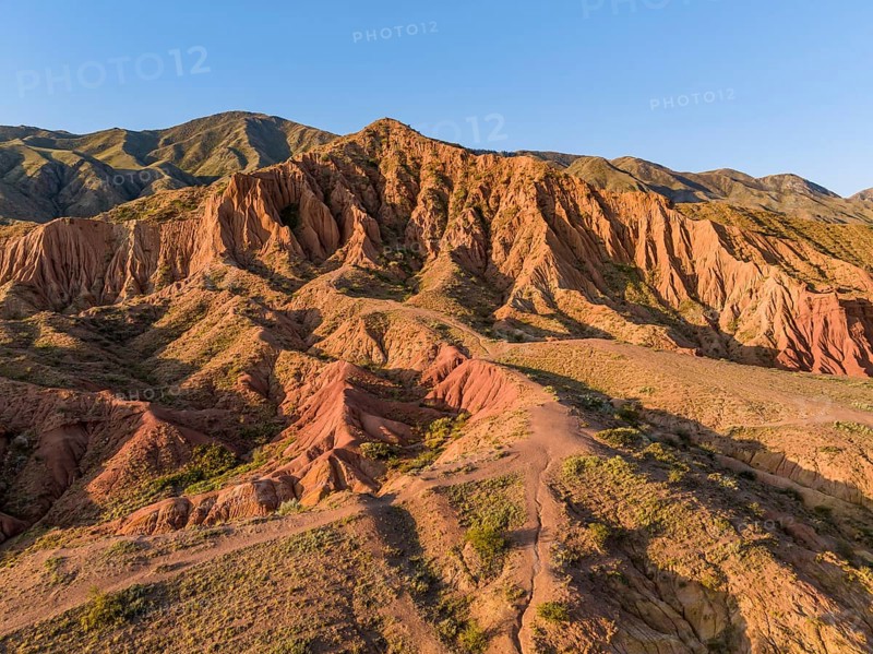 Aerial view, eroded mountain landscape, sandstone cliffs, canyon with red and orange rock formations, Farytale Canyon Skazka, Issyk Kul, Kyrgyzstan, Asia