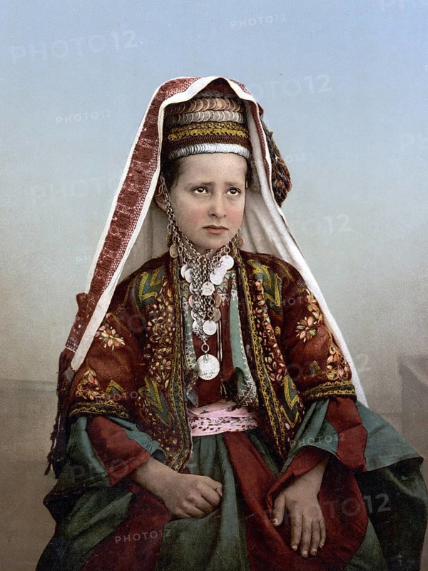 Young woman from Bethlehem in typical traditional costume, Holy Land, Historical, digitally restored reproduction from a 19th century original, Record date not stated