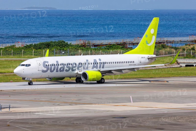 A Boeing 737-800 aircraft of Solaseed Air with the registration number JA811X at Okinawa Airport (OKA) in Naha, Japan, Asia