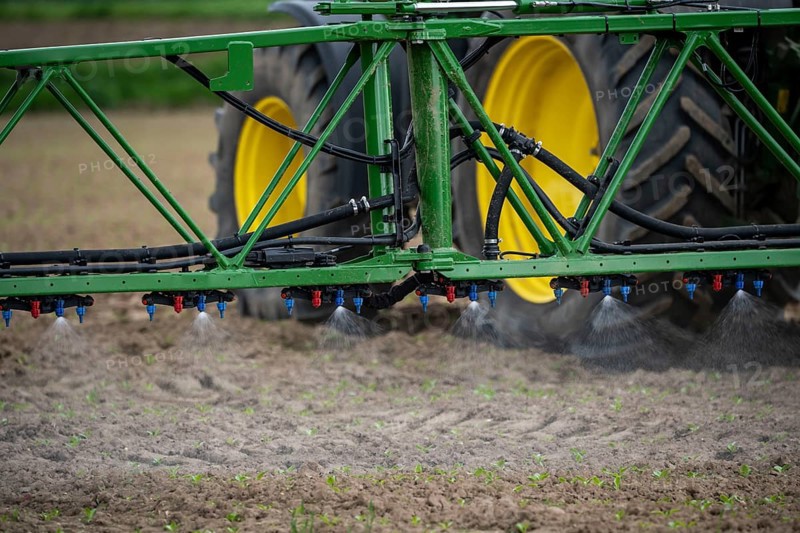 Agriculture, pesticide being sprayed on a field, sugar beet seedlings, North Rhine-Westphalia, Germany, Europe