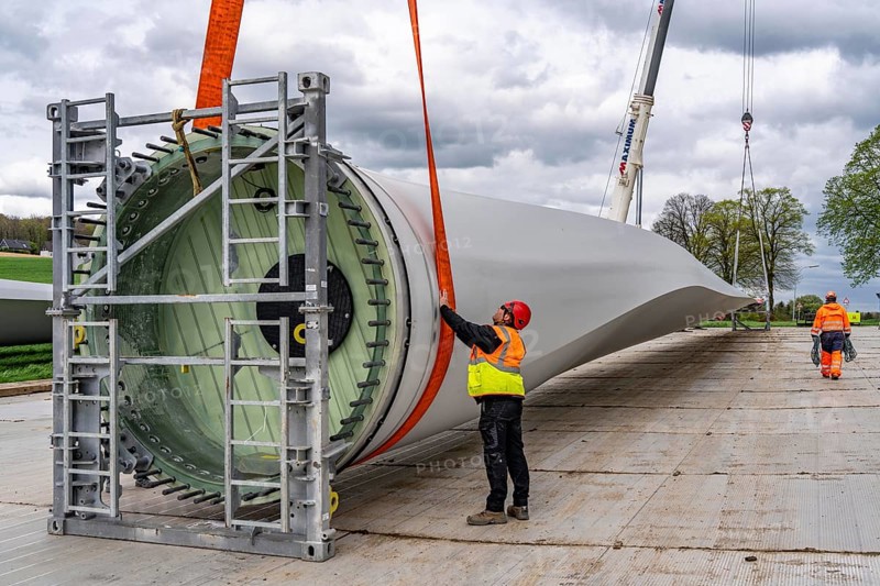 Preparation for the transport of a 68 metre long blade, a wind turbine, with a self-propelled Blade-Lifter vehicle, over a 40 km long route in the Bergisches Land, through towns, villages, over country roads, narrow through roads, to the construction site of the wind turbine near Hagen, North Rhine-Westphalia, Germany, Europe