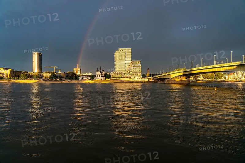 Kennedyufer in Cologne Deutz, on the Rhine, Old St Heribert Church, Lanxess Tower, administration building, arch of the Lanxess Arena, KölnTriangle building, left, Deutz Bridge, Cologne, North Rhine-Westphalia, Germany, Europe