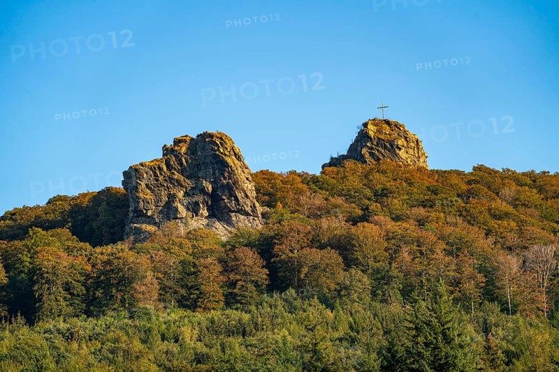 The Bruchhauser Steine, in the Hochsauerland district, rock formations with four main rocks, on the Istenberg in the Rothaargebirge, Bruchhausen, Olsberg, North Rhine-Westphalia, Germany, Europe