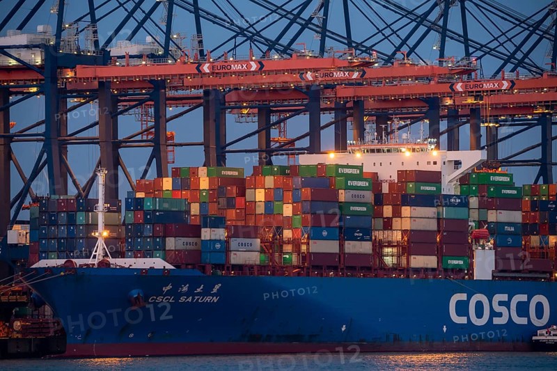 Container ship of the shipping company Cosco Shipping, CSCL SATURN, being loaded and unloaded, Euromax Container Terminal, container freighter, in the seaport of Rotterdam, Yangtzehaven, Netherlands, deep-sea harbour Maasvlakte 2, on an artificial land area off the original coastline