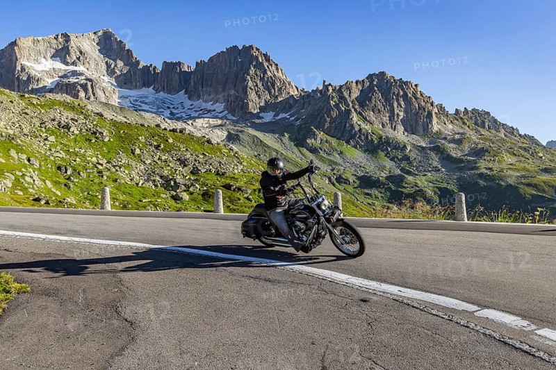 A favourite leisure activity for motorcyclists is a tour over winding Alpine passes. Furka Pass, Realp, Canton Uri, Switzerland, Europe