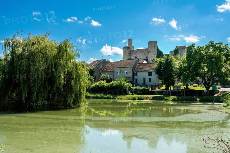 Billy. The fortified castle dating back to the 13th century, overlooks a pond, Allier, Auvergne-Rhone-Alpes, France, Europe