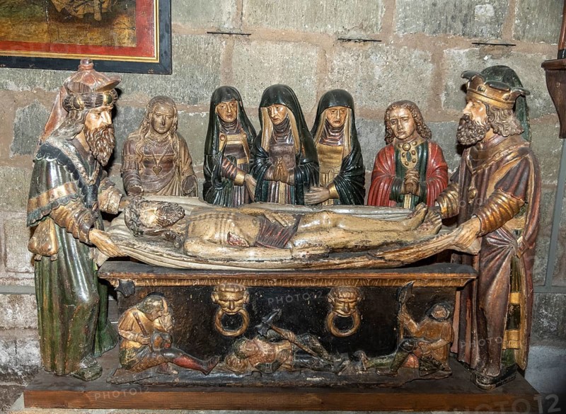 Polychrome wooden tomb scene depicting the deposition from the cross in the church of Saint Gal, Langeac, Haute-Loire, Auvergne-Rhone-Alpes, France, Europe