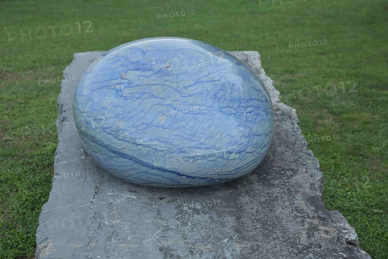 Sculpture stone drop by Livia Kubach and Michael Kropp 2024, oval blue quartz, stone, smooth, cut, polished, surface, marbled, oval, blue, large gemstone, stone sculpture park, Ebernburg, Bad Münster am Stein-Ebernburg, Bad Kreuznach, Rhineland-Palatinate, Germany, Europe