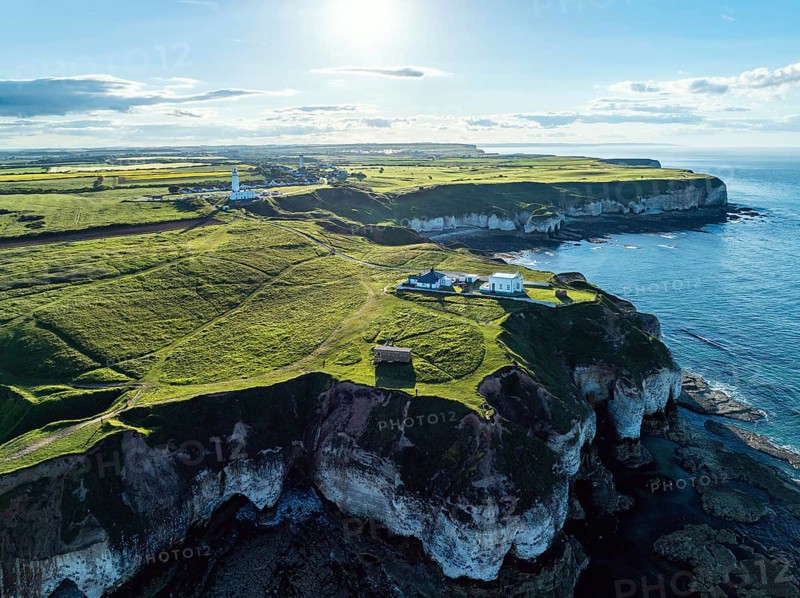 Cliffs over Flamborough Seawatch Observatory from a drone, Flamborough, Yorkshire, England, United Kingdom, Europe